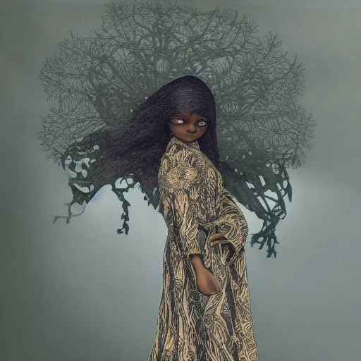 black girl, flying, art nouveau, forest, spirit, very detailed intricate, paper model, melancholy, raining.jpg