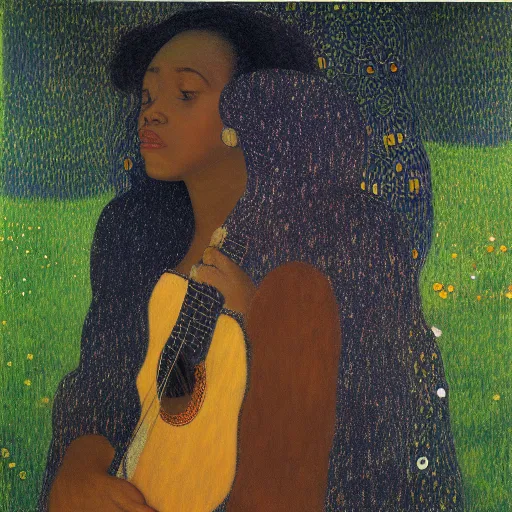 black girl playing guitar, forest, fantasy, spirit, sad, melancholy, 20% by Gustave Klimt_2.png